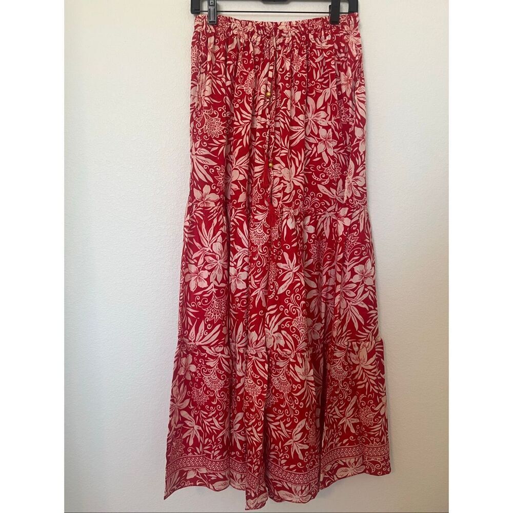 Wevez Red & Cream Tropical Floral Wide Leg Pants Boho Tiered Palazzo Pants NWT N